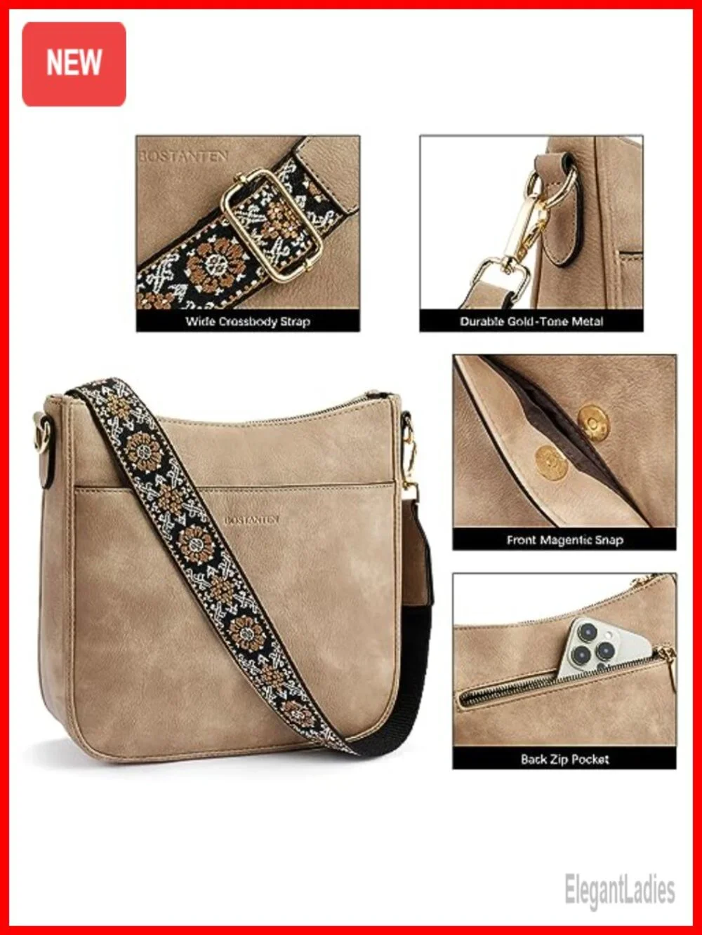 Vegan Leather Crossbody Hobo Purse with Wide Strap Shoulder Bag